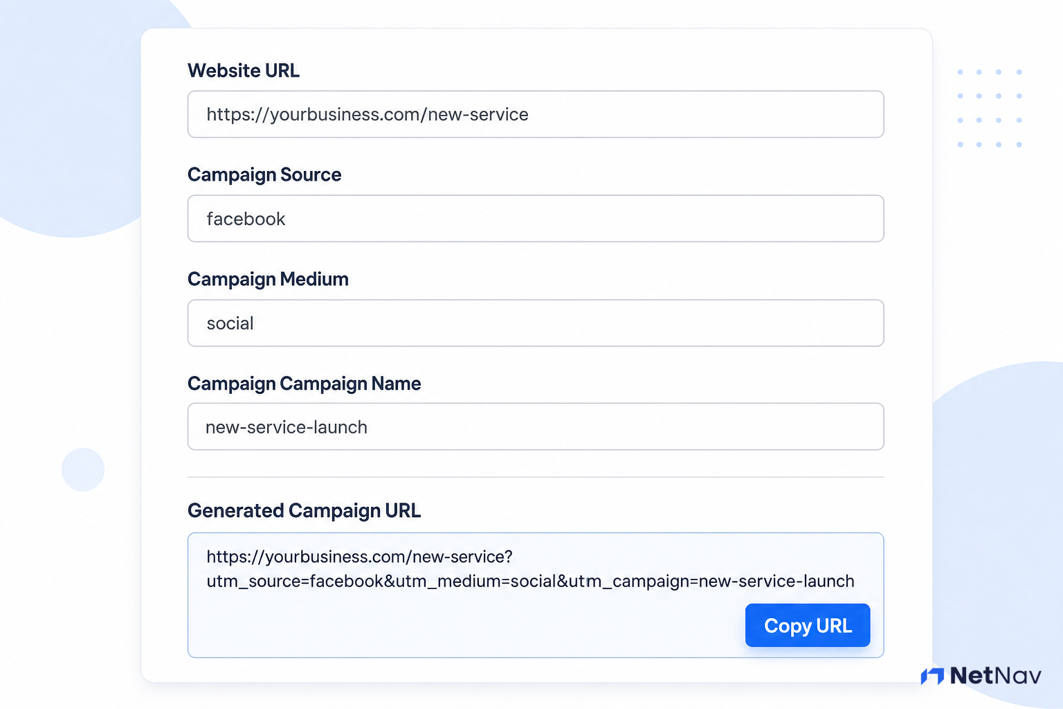 Screenshot of a UTM builder tool form filled in with website URL and campaign source, medium, and campaign fields, generating a trackable link below.